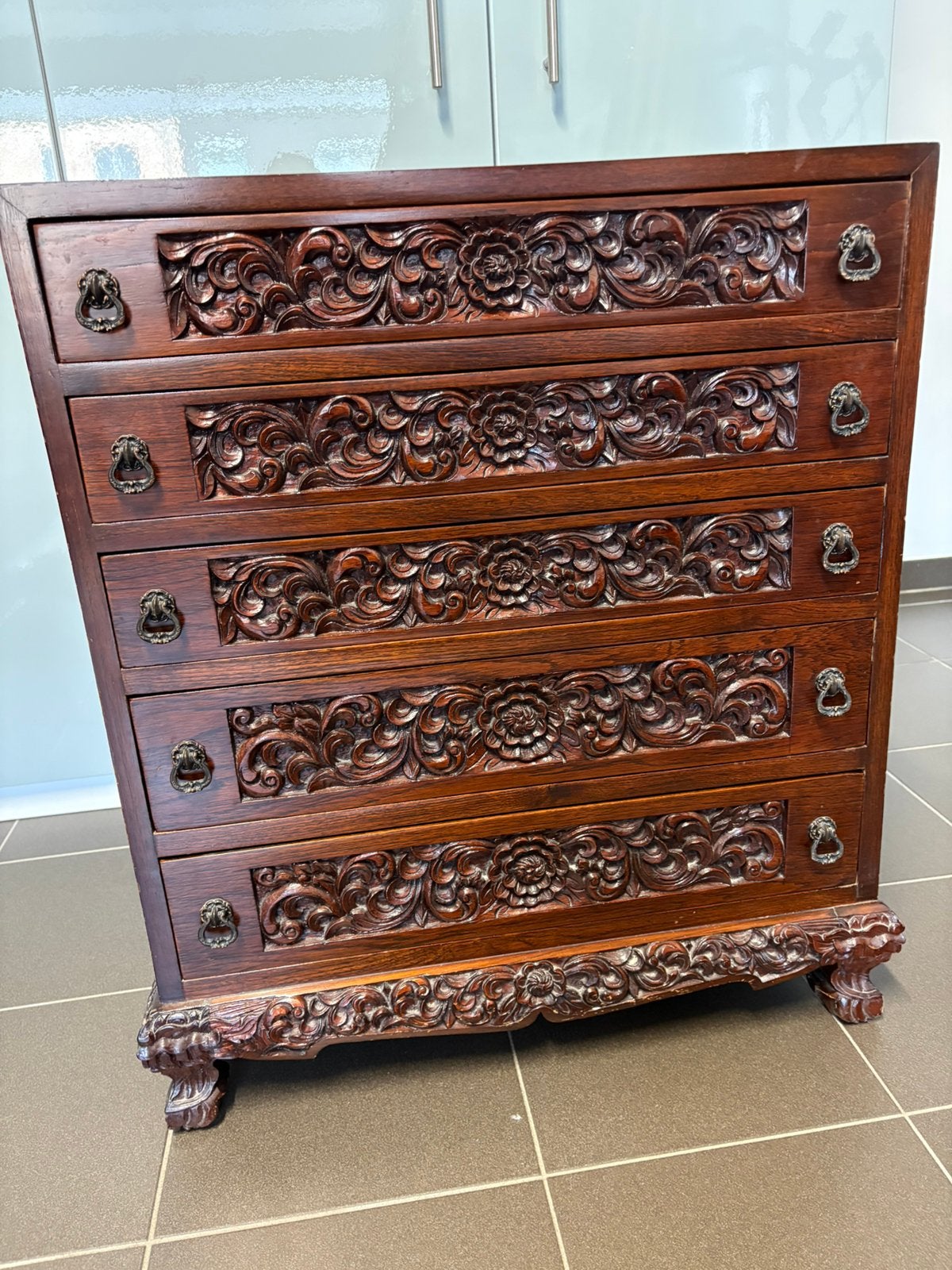 Handgesneden houten kastje – 5 laden – koloniaal stijl, 5 laden of meer, Ophalen, Gebruikt
