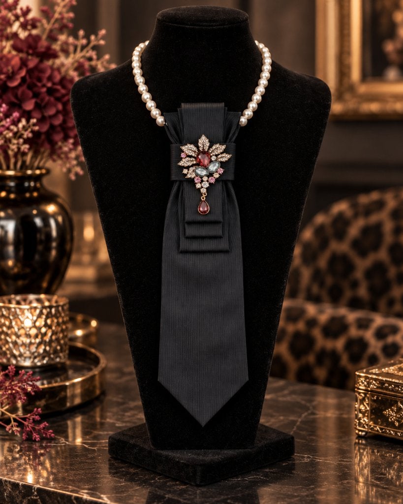 Feestelijke stropdas ketting  – chique ketting met broche, Envoi, Comme neuf, Noir, Autres matériaux