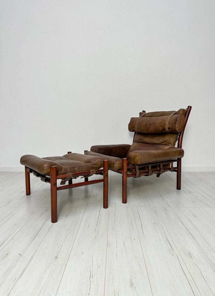 Fauteuil Inca Arne Norell + ottoman cuir de buffle 70s, Enlèvement