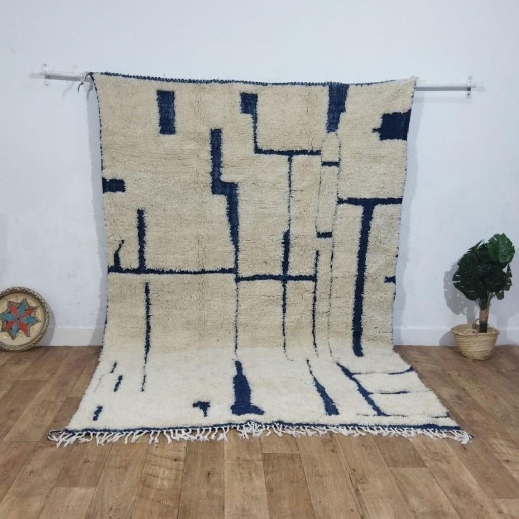 Marokkaans Berbertapijt in ecru en blauwe wol, Verzenden