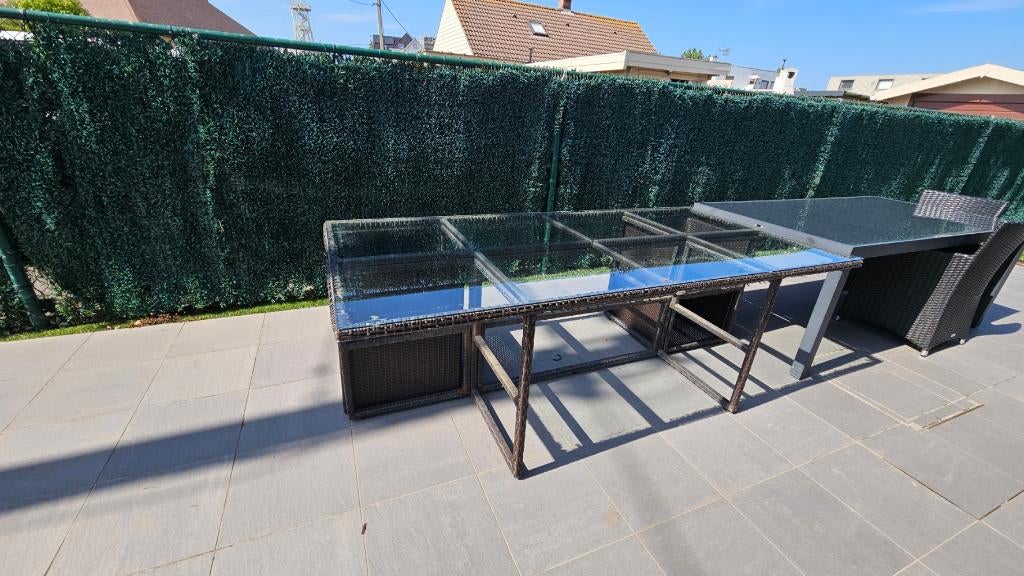 terrastafel met bijhorende stoelen en kussens, Ophalen, Gebruikt, 8 zitplaatsen, Wicker