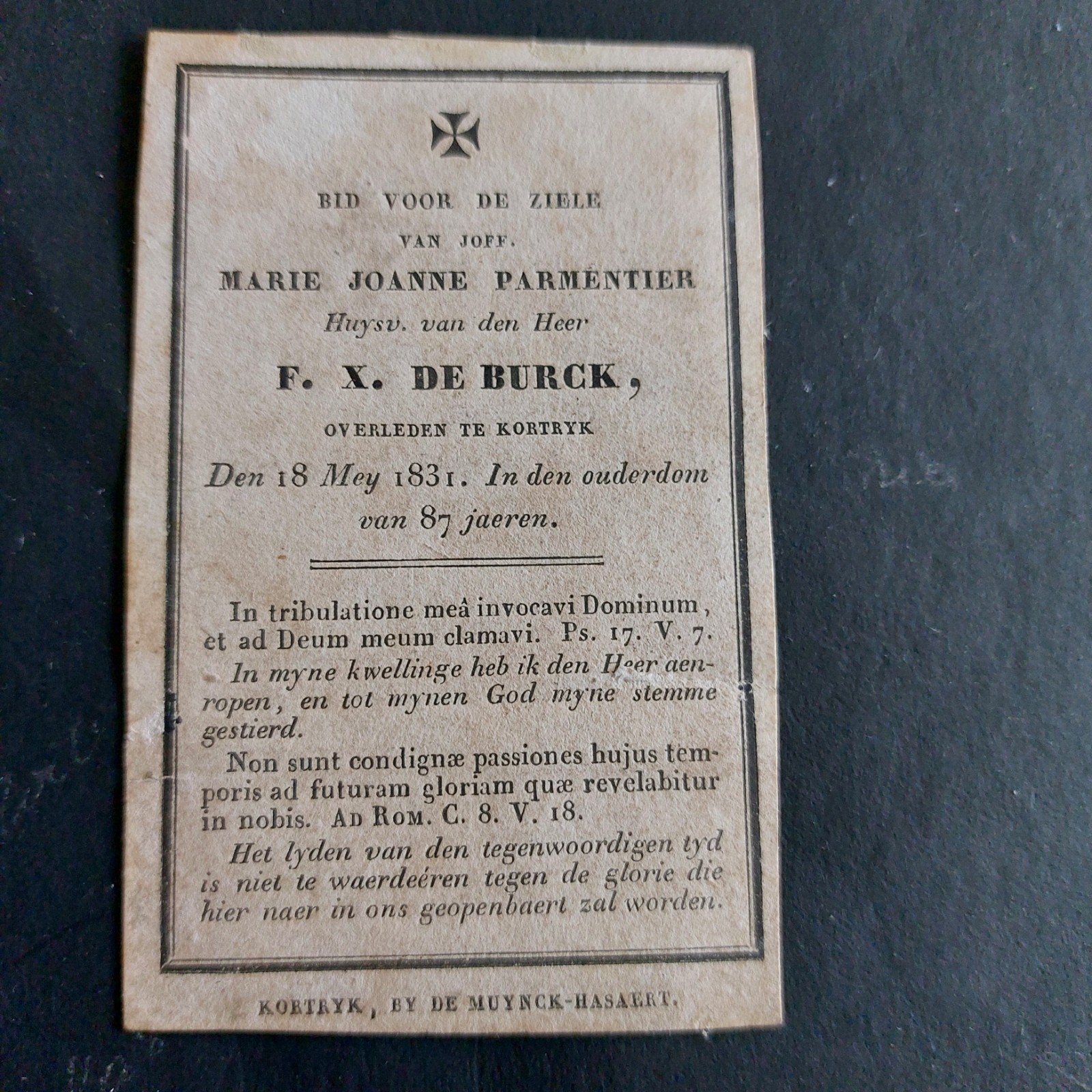 Oud bidprentje Kortrijk 1744- 1831, Ophalen of Verzenden, Bidprentje