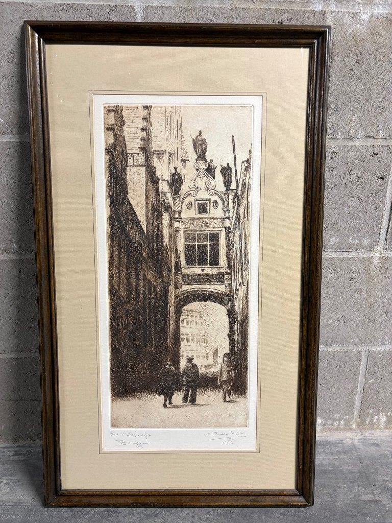 3 originele gesigneerde etsen E. De Lassasie – Brugge & Gent, Ophalen, Stadsgezicht, Genummerd, 1950 - 1999