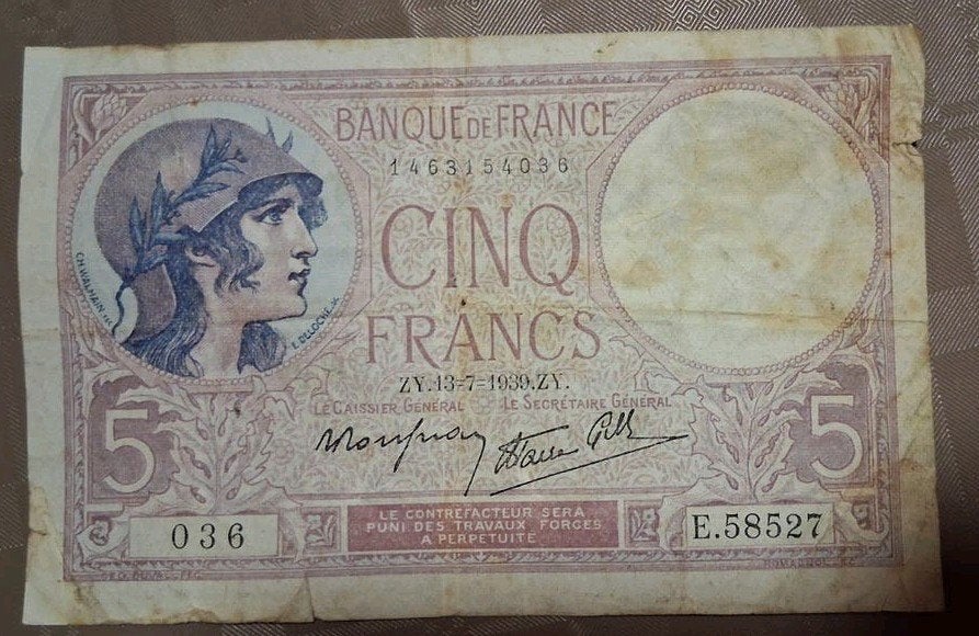 Frankrijk 5 francs 13-7-1939 paars biljet gebruikt, Timbres & Monnaies, Billets de banque | Asie, Envoi