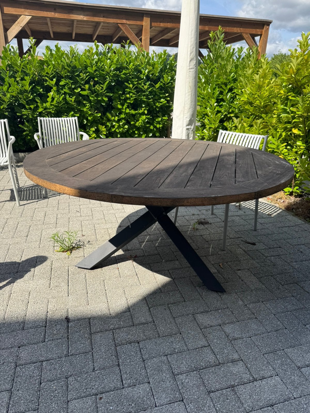 Ronde hardhouten tuintafel (6 persoons) + beschermhoes, Ophalen, Gebruikt, Rond, Hout