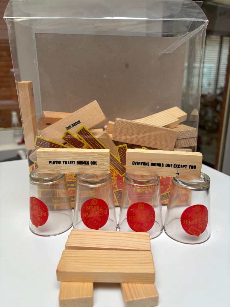 Jenga drankspel met shotglaasjes blokjes, Verzamelen, Ophalen of Verzenden, Gebruikt