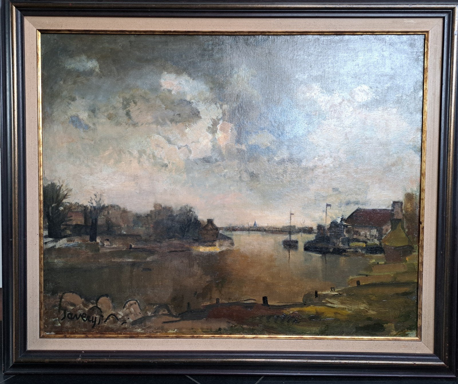 SAVERYS Albert "Rivierzicht met boten" olie op doek, Enlèvement, Toile
