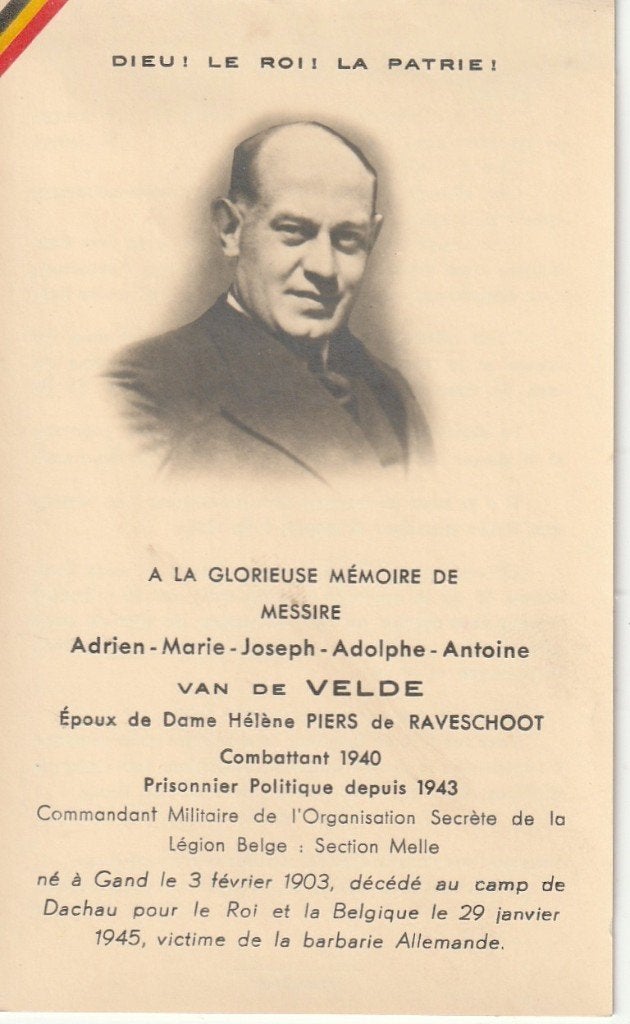 Concentratiekamp 1940-45 Adrien Van de Velde Dachau 1945, Verzamelen, Bidprentjes en Rouwkaarten, Verzenden