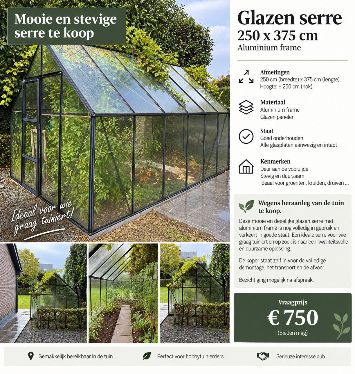 Mooie glazen serre 250 x 375 cm – aluminium frame, Enlèvement, Comme neuf, Aluminium