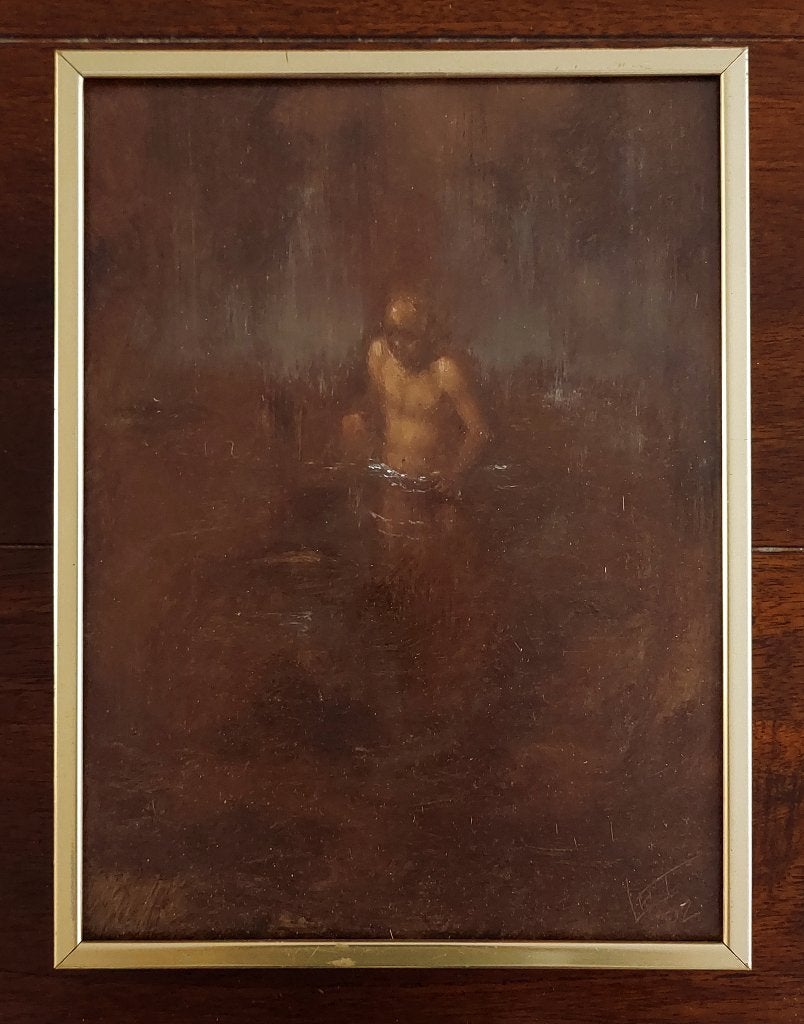 Schilderijtje van Man in het Water - Olieverf, Enlèvement ou Envoi, Peinture à l'huile, Panneau