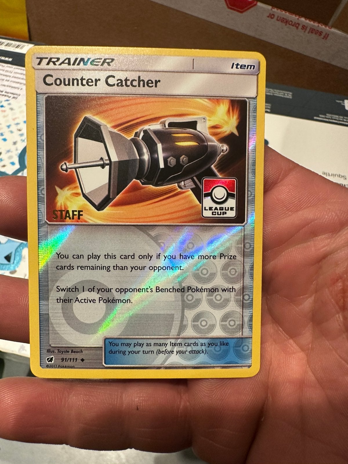 Pokémon Counter Catcher 91/111 Crimson Invasion STAFF kaart, Ophalen of Verzenden, Zo goed als nieuw, Losse kaart