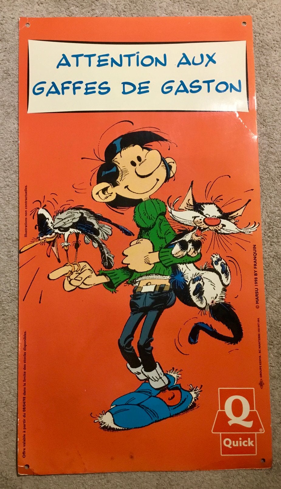 GASTON LAGAFFE « CARTON PUBLICITAIRE  QUICK DOUBLE FACE 1998, Collections, Enlèvement, Utilisé, Panneau publicitaire