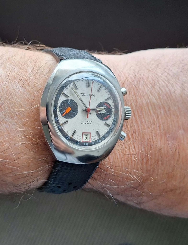 Vintage Telstar chronograaf horloge, type Panda, 70'r jaren!, Handtassen en Accessoires, Overige merken, Gebruikt, Staal, Polshorloge