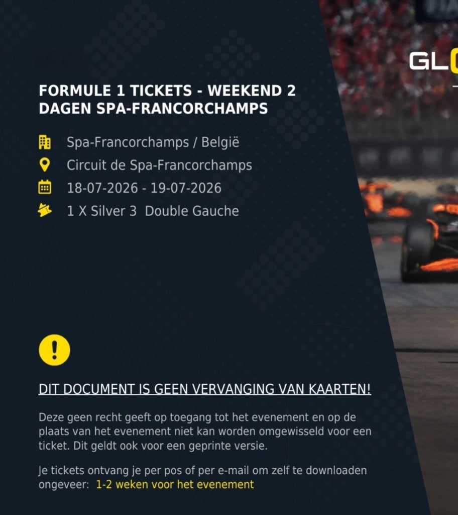Formule 1 SPA 18/07 + 19/07, Silver 3 + parkingtickets, Tickets en Kaartjes, Eén persoon
