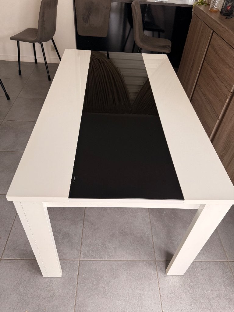Table à manger blanche & noir  laquée brillante 140 x 80 cm, 150 à 200 cm, Comme neuf, Verre, 50 à 100 cm
