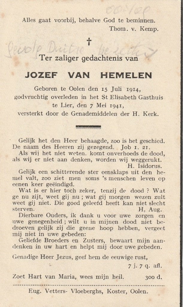 Oorlogsslachtoffer 1940-45 Jozef van Hemelen Oolen-Lier, Ophalen of Verzenden