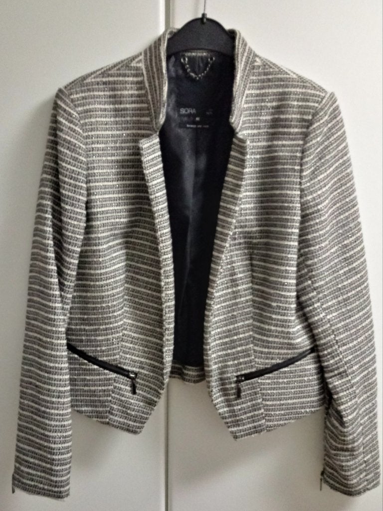Beige/zwart gestreepte blazer met kraag, maat 42, Kleding | Dames, Ophalen of Verzenden, Zo goed als nieuw, Maat 42/44 (L), Beige