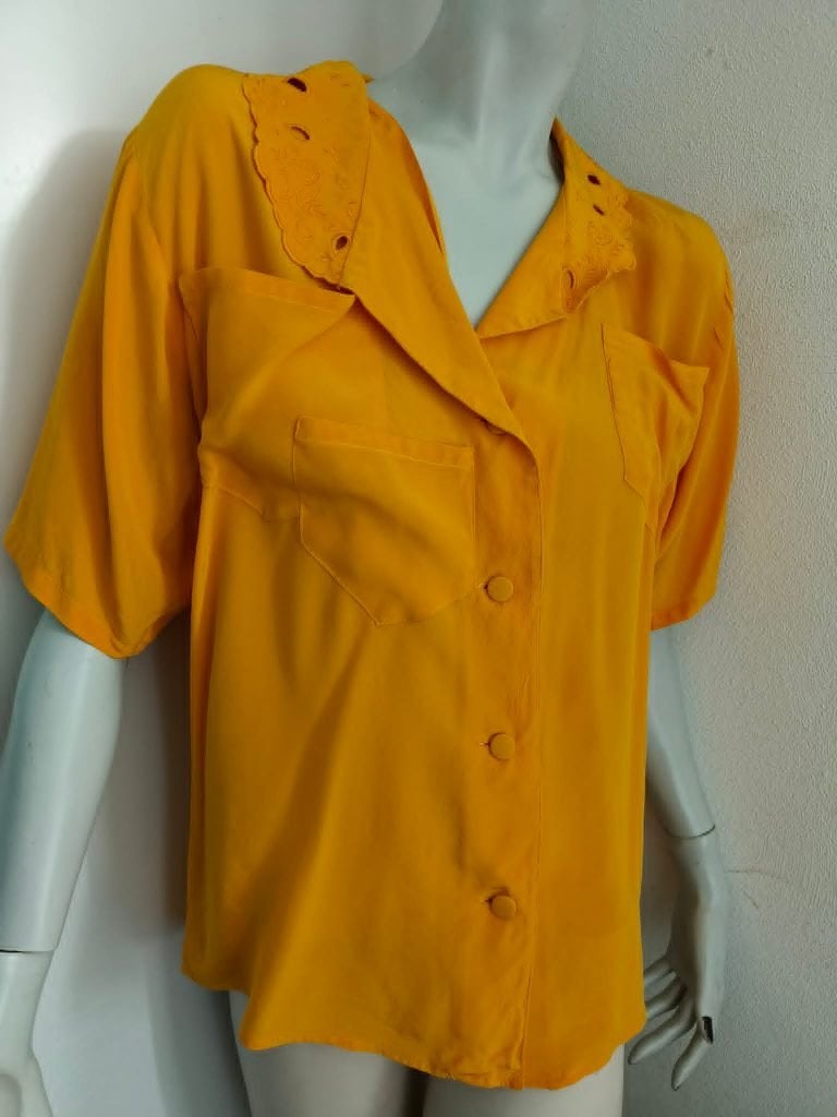 Okergele, zijden blouse Enrico Coveri mt 42, Maat 38/40 (M), Enrico Coveri, Geel, Ophalen of Verzenden