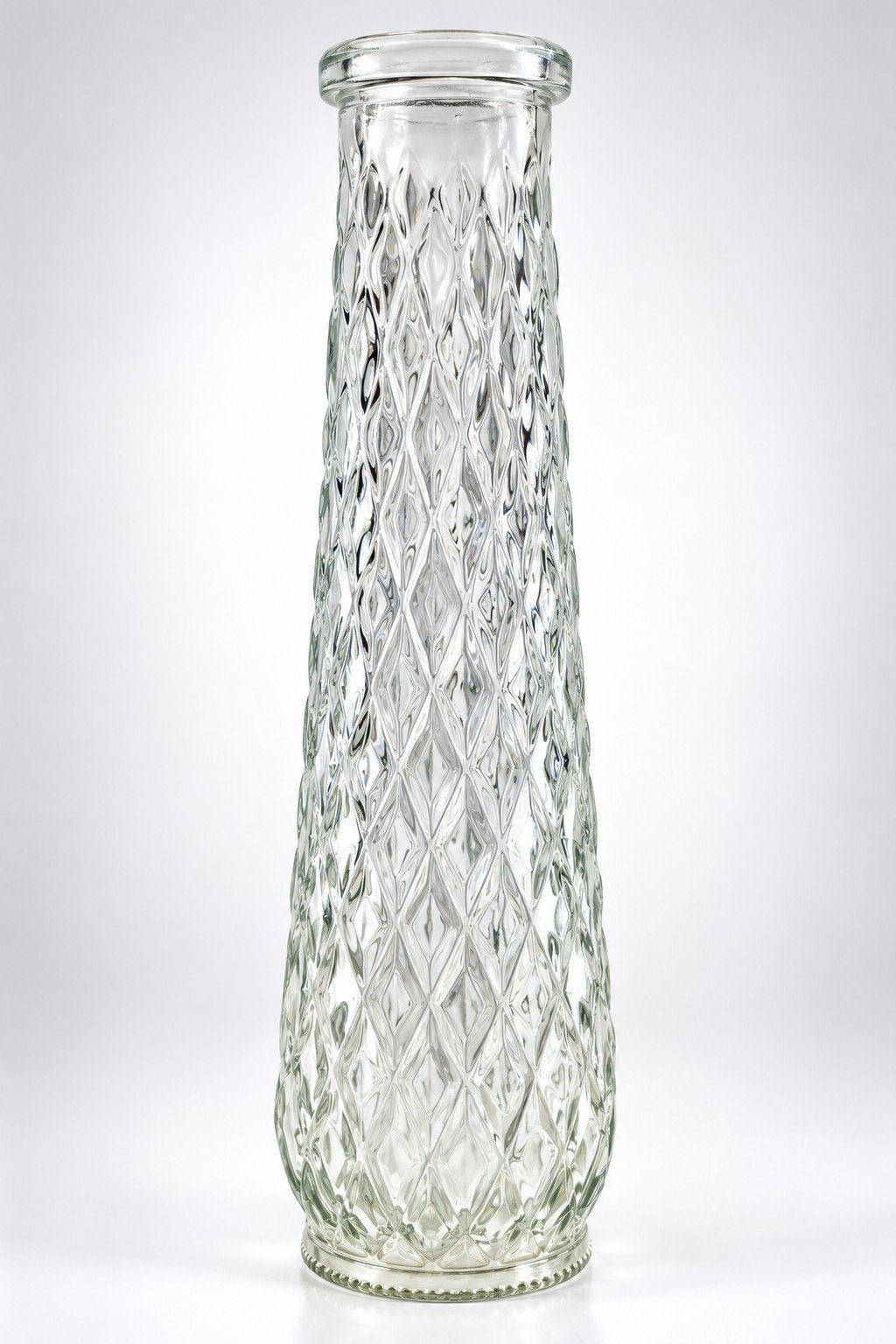 Vintage glazen vaas – helder glas met reliëfpatroon – 27 cm, Huis en Inrichting, Transparant, 27 cm, Ophalen of Verzenden, Geschikt voor droogbloemen