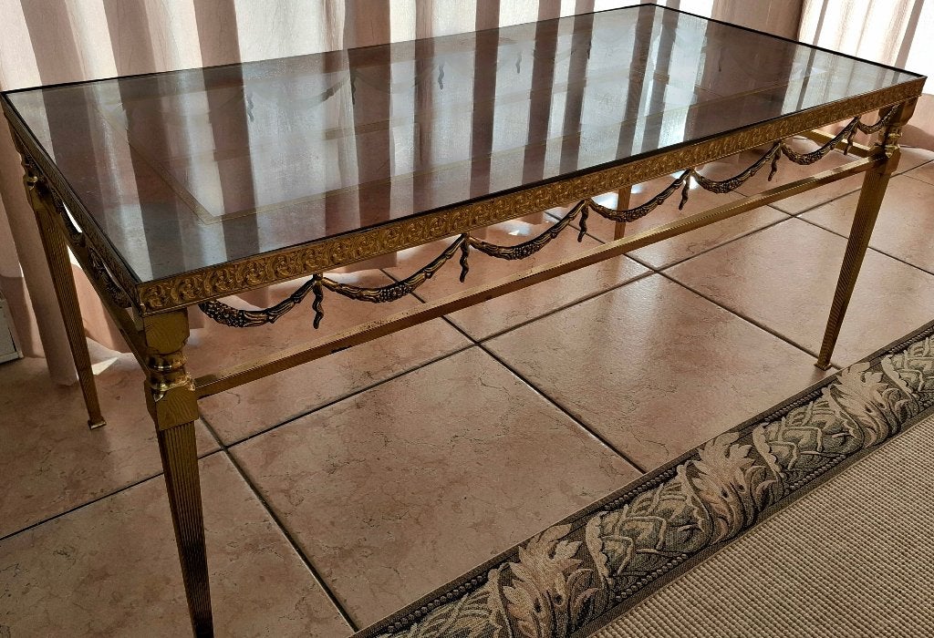 Table basse avec plateau en verre et pieds dorés, Maison & Meubles, Verre, 50 à 100 cm, Enlèvement, Utilisé