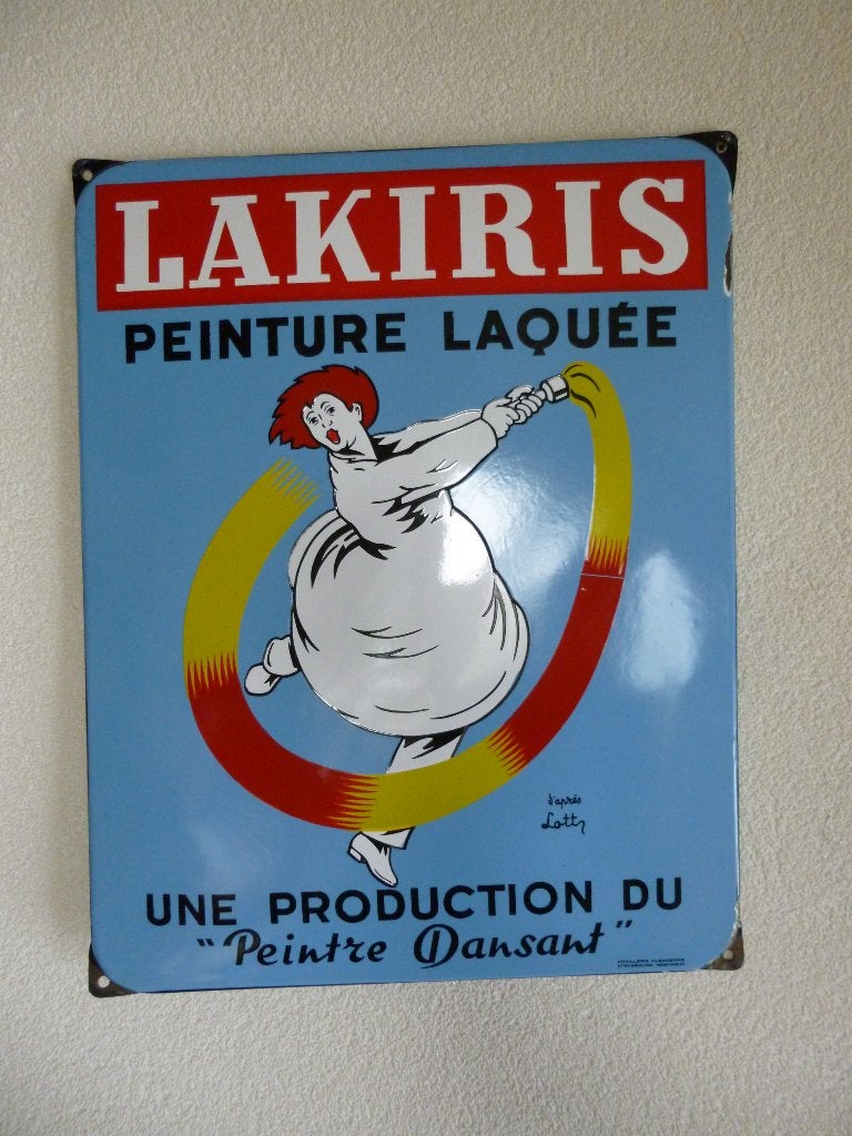 EMAILLE RECLAMEBORD"LAKIRIS PEINTURE LAQUES"UIT JAREN 50, Ophalen of Verzenden, Zo goed als nieuw, Reclamebord