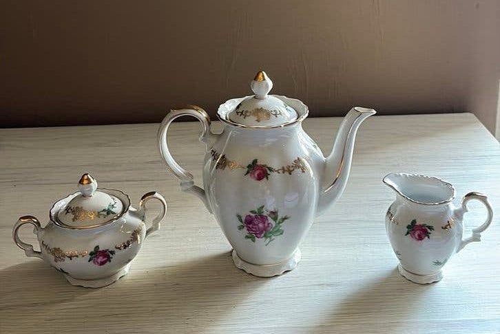 Vintage Porseleinen Koffie/Theeset Chodzież Polen –Moss Rose, Ophalen of Verzenden
