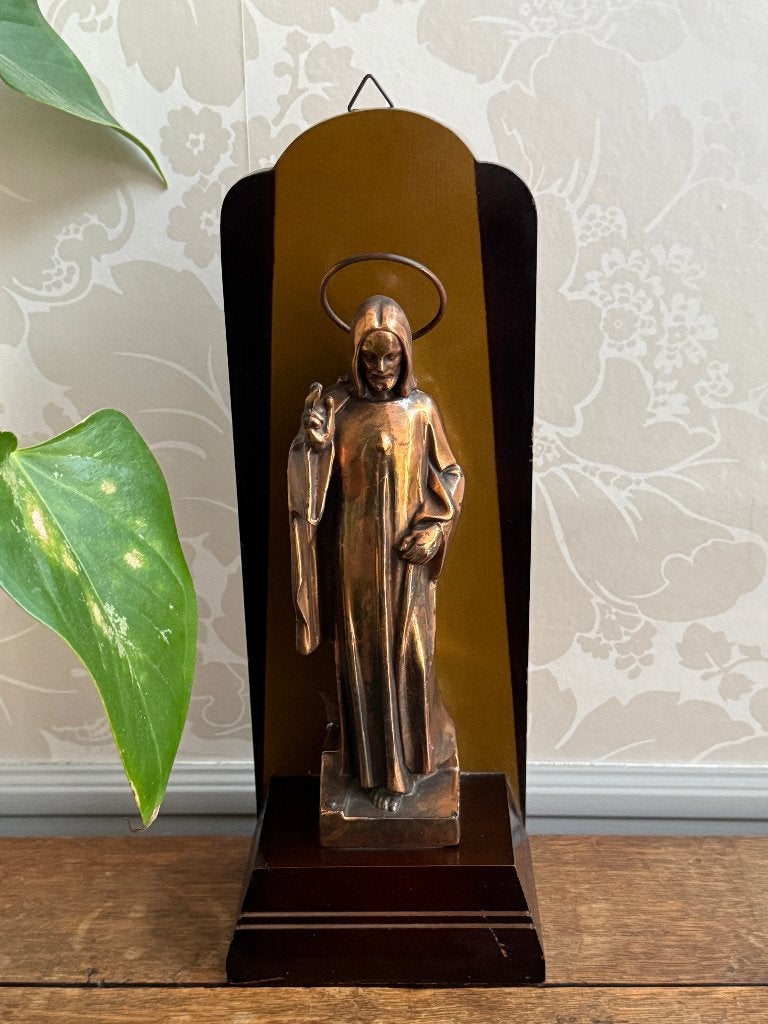 Statue vintage du Christ sur socle en bois—Art Déco (32 cm), Enlèvement ou Envoi