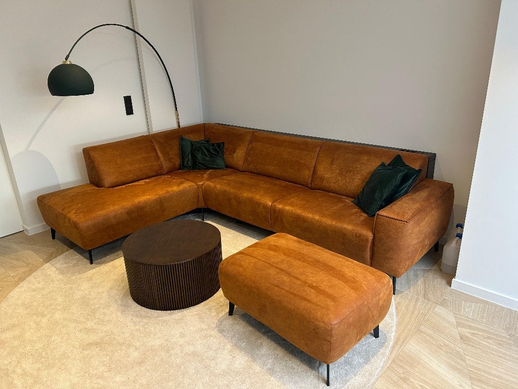 Hoekzetel + poef buffelleer L-vorm cognac, Ophalen, 250 tot 300 cm, Hoekbank, Leer