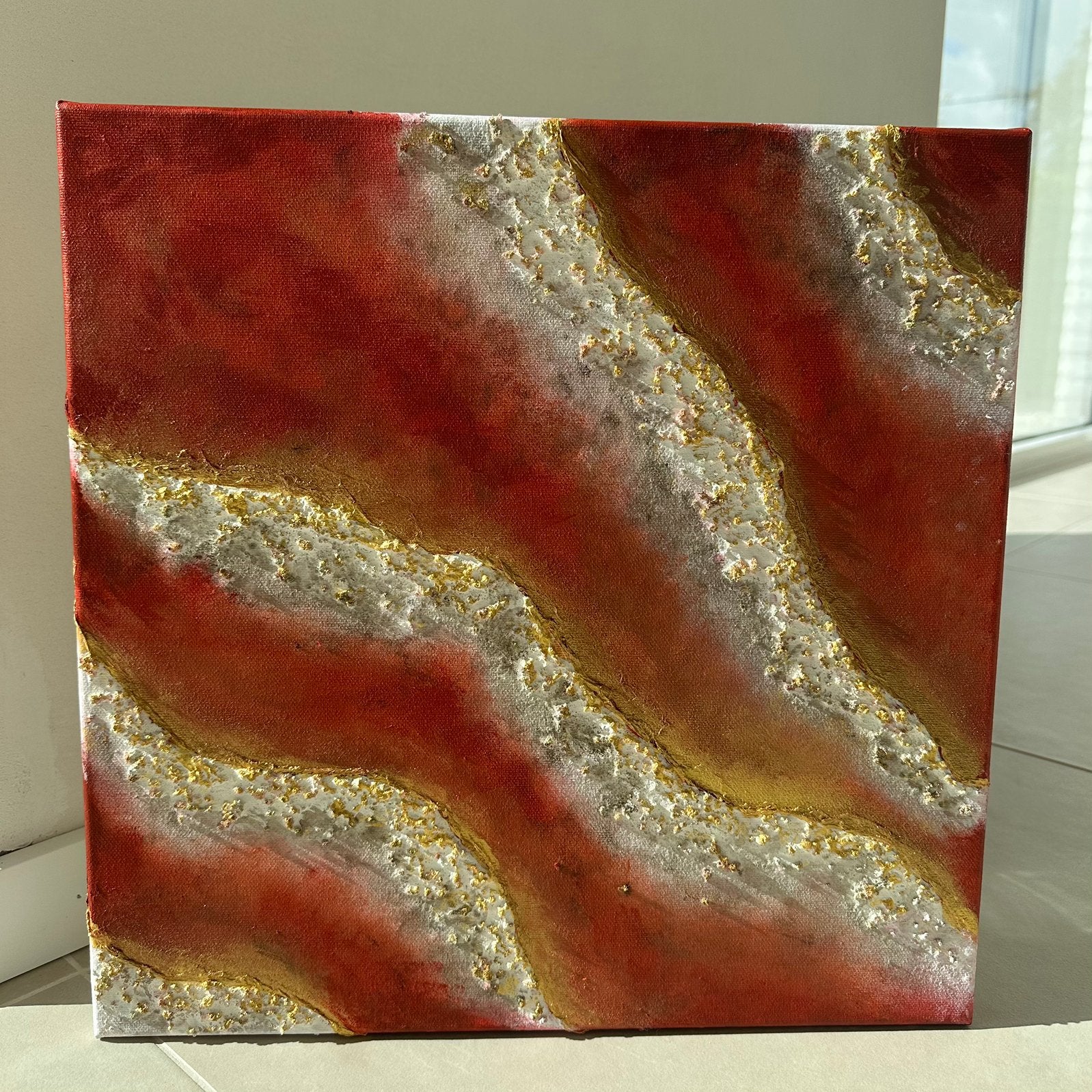 Origineel abstract schilderij textuur, terracotta, goud 40cm, Ophalen