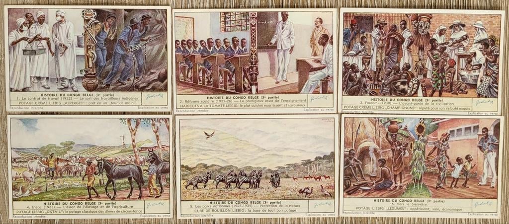 6 oude Liebig prenten: Histoire du Congo Belge - deel 3, Enlèvement ou Envoi, Utilisé, Autres sujets/thèmes, Gravure
