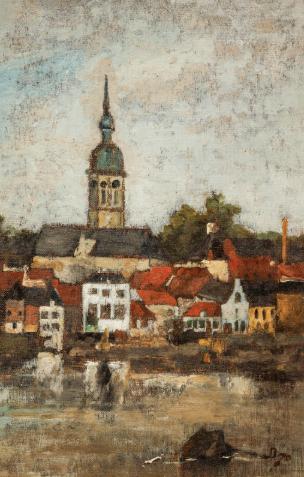 Louis Dubois (1830-1880): Zicht op Temse (48 x 61 cm), Antiek en Kunst, Ophalen of Verzenden