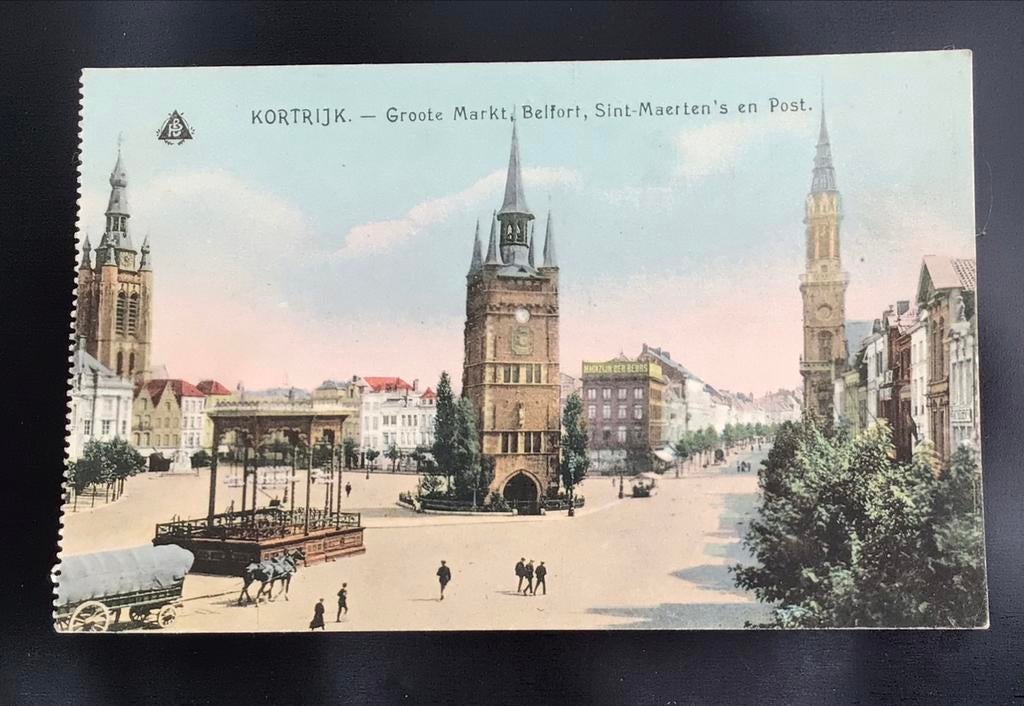 Kortrijk Grote Markt, Belfort,St. Maertens en Post in kleur., Verzamelen, Ophalen of Verzenden, Gelopen, Oost-Vlaanderen