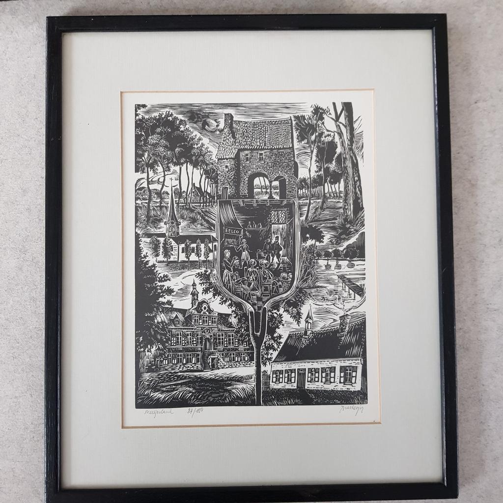 Michel Bracke, linosnede Meetjesland, Antiek en Kunst, Ophalen of Verzenden