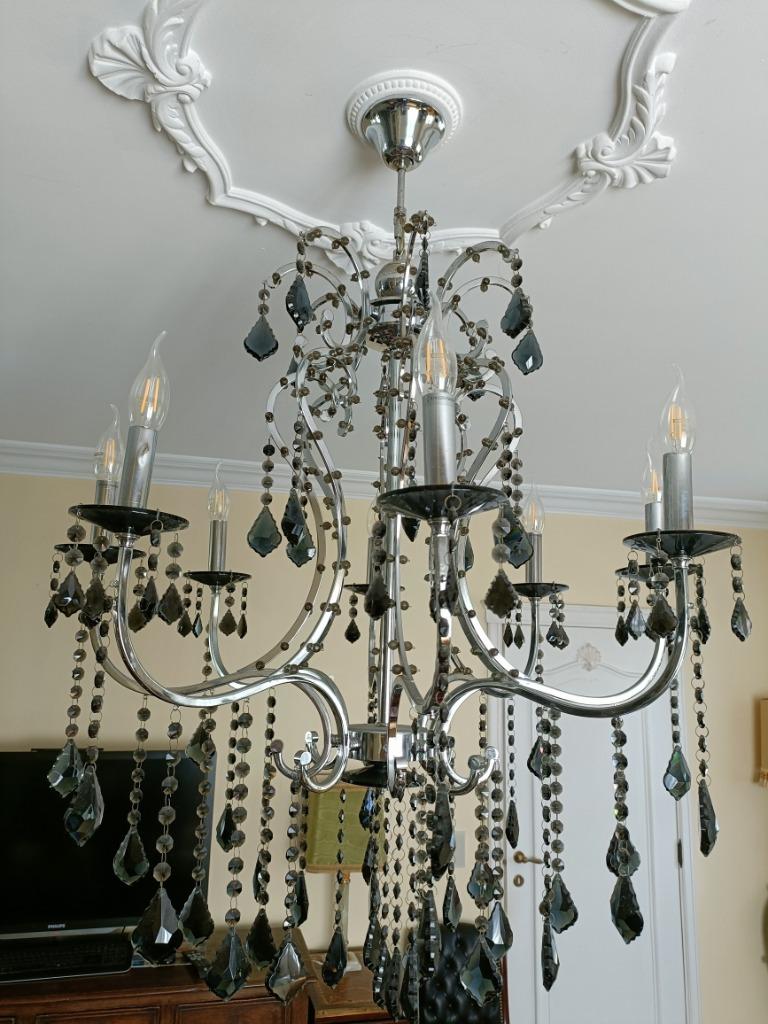 moderne 8 armig kroonluchter zilver met zwarte glazen, Ophalen, Gebruikt, Glas