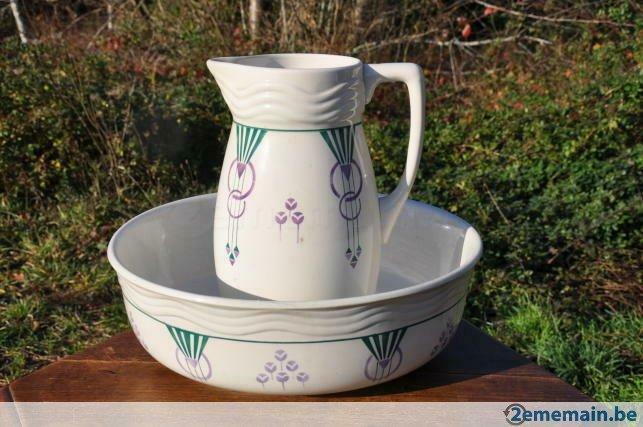 bassin en faience avec broc art deco, Antiquités & Art, Antiquités | Céramique & Poterie
