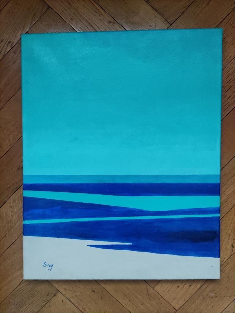 peinture abstraite géométrique dans les tons de bleu, 50x40c, Antiquités & Art, Enlèvement ou Envoi