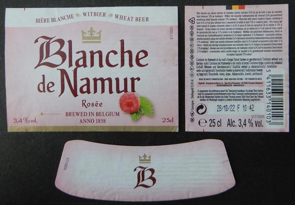 Etiquette bière Blanche de Namur Rosé brasserie du Bocq 7x3, Collections, Enlèvement ou Envoi, Utilisé