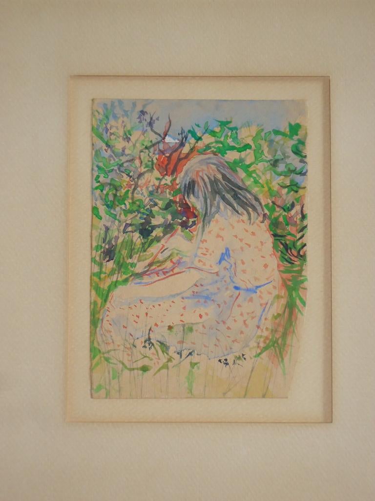 'Dans l'herbre' prachtige pastel gouache gekaderd Schleiper, Ophalen of Verzenden
