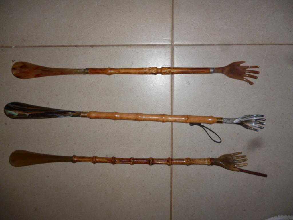 Vintage lange schoenlepel in bamboe met ruggekrabber, Ophalen of Verzenden