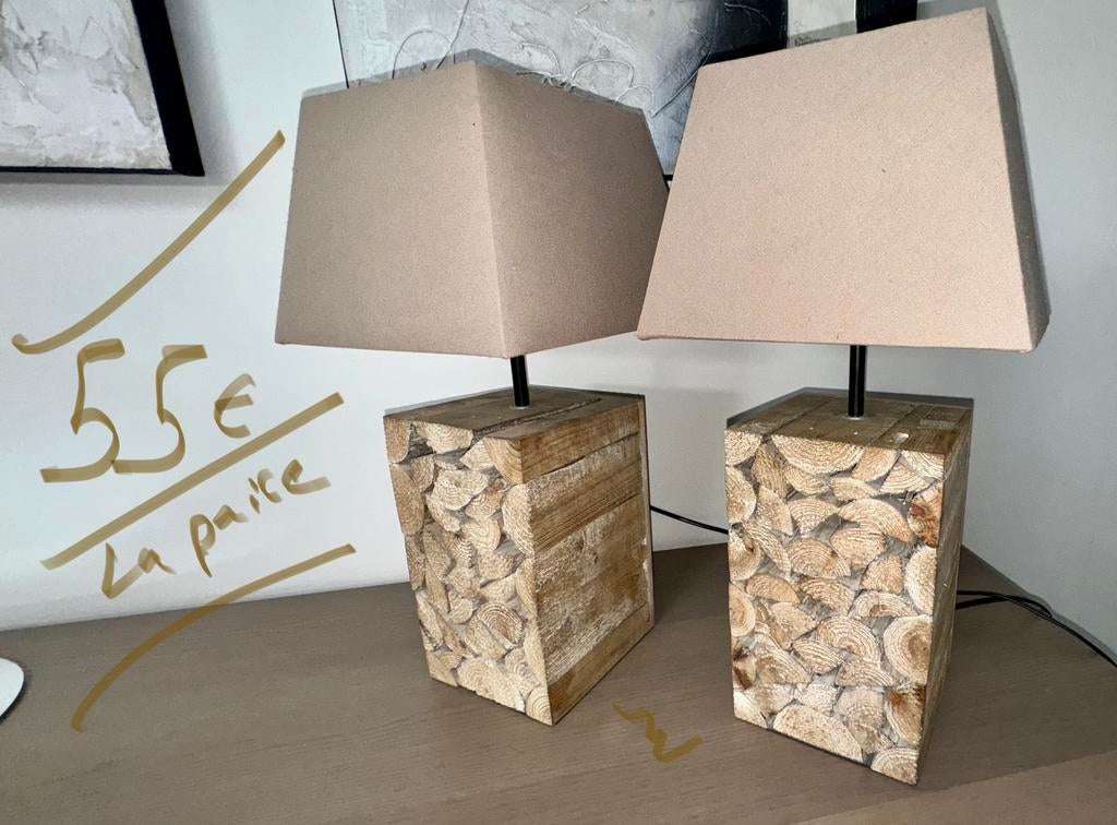 2 lampes abajour. Bloc en bois, Ophalen, Zo goed als nieuw, Stof, 50 tot 75 cm