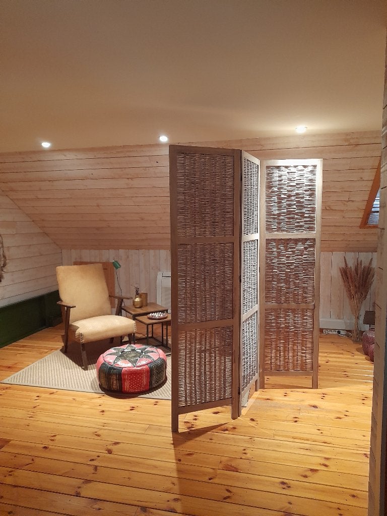 Mooie paravent in hout en riet, Huis en Inrichting, Woonaccessoires | Kamerschermen, Ophalen, Zo goed als nieuw