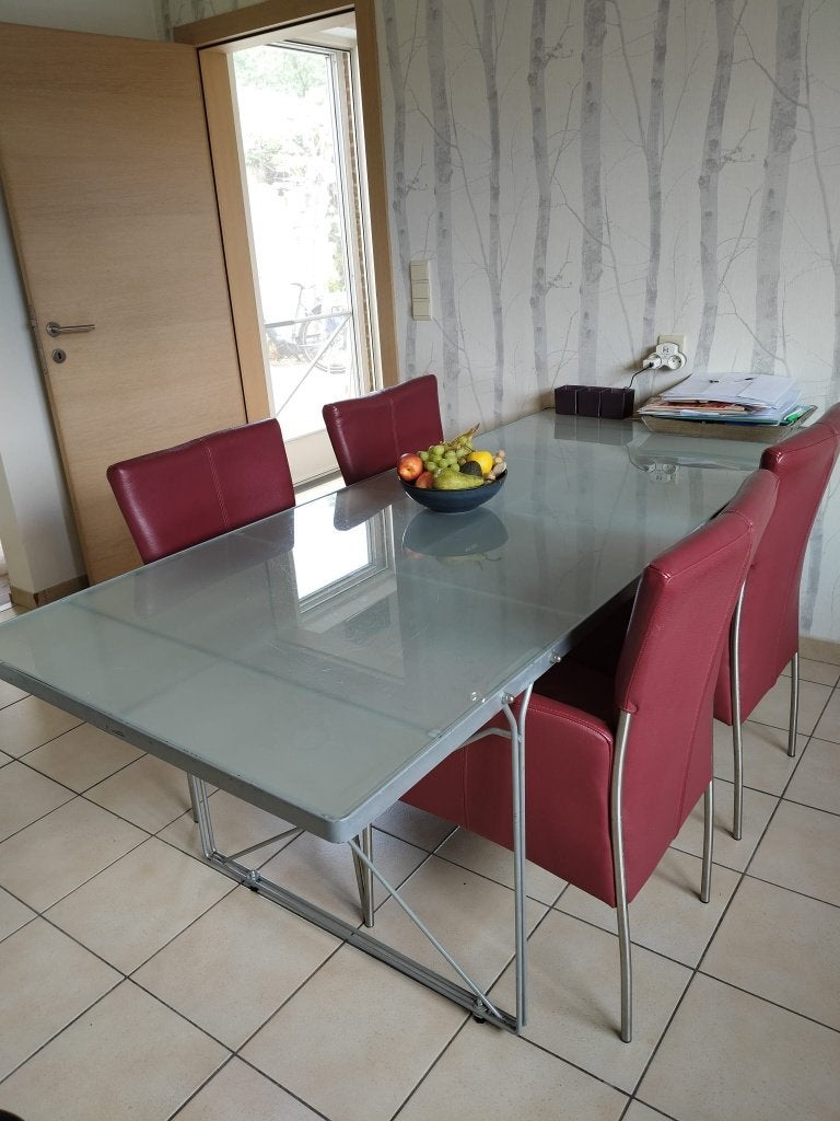 Gratis Tafel en stoelen, Huis en Inrichting, Ophalen, Gebruikt, 50 tot 100 cm, Glas