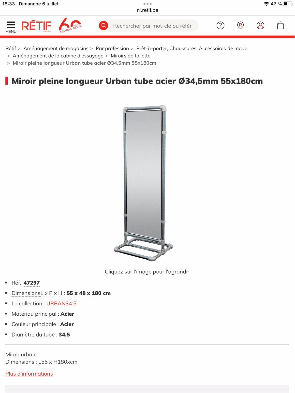 Miroir pleine longueur sur pied métallique, Maison & Meubles, Armoires | Penderies & Garde-robes, Neuf, 50 à 100 cm, Métal, 50 à 75 cm
