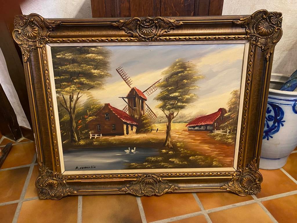 Peinture 2 sur toile en bon état dans ancien cadre, Enlèvement