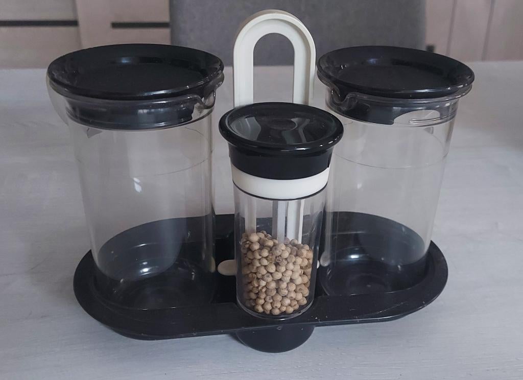 Potjes (olie, azijn, saus)+peperstrooier+Tupperware-houder, Ophalen, Gebruikt, Wit, Overige typen
