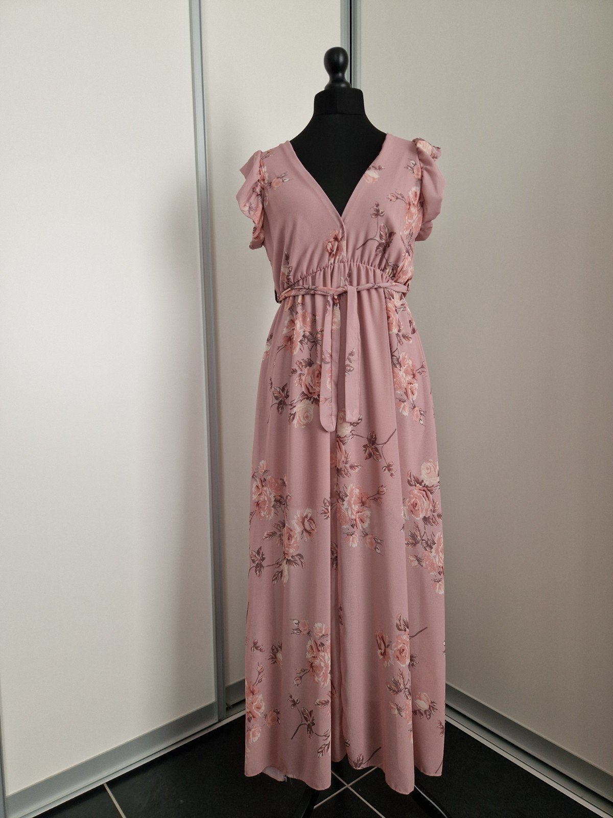 Robe longue, fluide, chic, col v, courtes manches, longue, r, Taille 38/40 (M), Enlèvement ou Envoi, Rose, Robe de cocktail