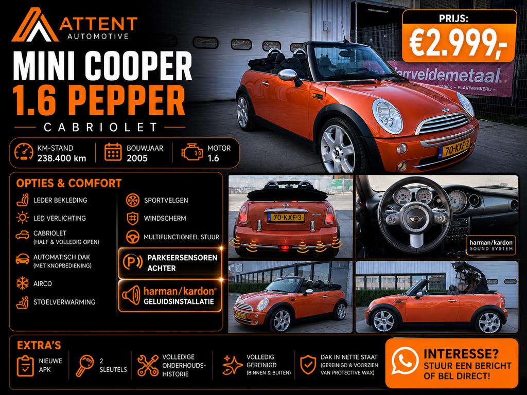 Mini cooper 1.6 cabriolet (export) ophalen in Nederland, Auto's, Cabriolet, Bedrijf, Cooper, Te koop