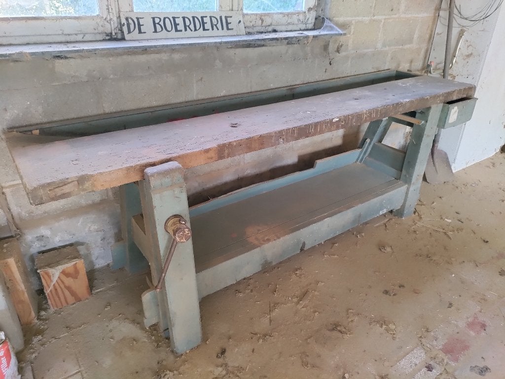 Prachtige antieke XXL werkbank met groen onderstel, Ophalen, 170 cm of meer, Bankschroef