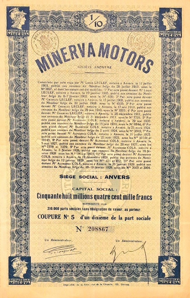 Minerva Motors - 1929 - 1/10e aandeel - Anvers, Timbres & Monnaies, Enlèvement ou Envoi, 1920 à 1950, Action