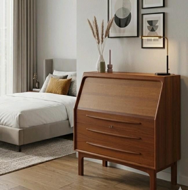 Bernhard Pedersen & Søn, vintage Deense secretaire, kaptafel, Huis en Inrichting, Ophalen, Gebruikt, Scandinavisch, dressoir, wandmeubel, slaapkamerkast